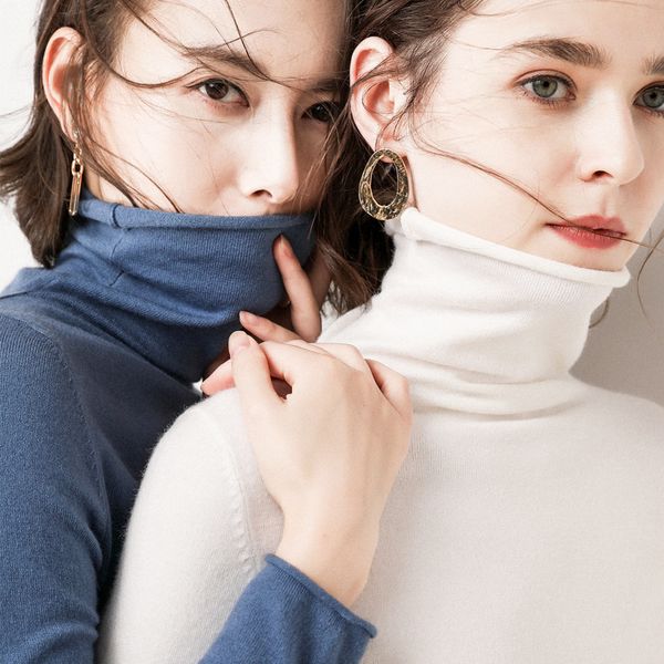 

women sweater 2020 new autumn and winter turtleneck pullover fashionable solid color loose long sleeve knitted sweater, White;black