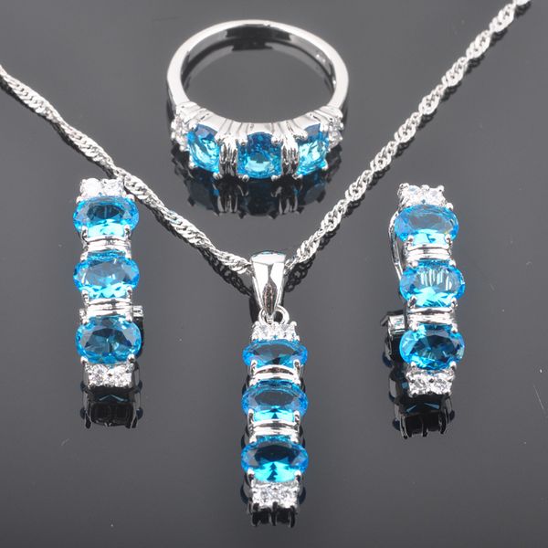 

wedding jewelry sky blue zirconia for women 925 sterling silver jewelry sets necklace pendant earrings ring qz0159, Slivery;golden