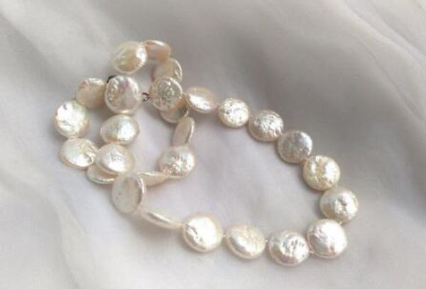 

necklace +++14mm white coin cake freshwater pearl bib necklace 17", Silver