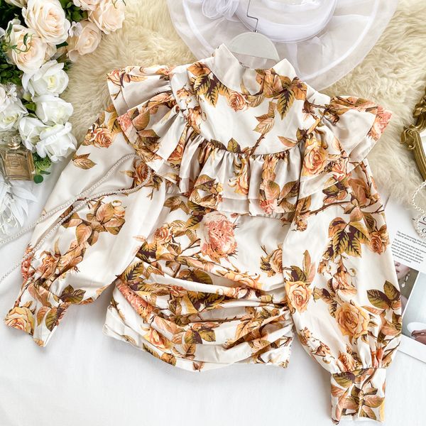 

foamlina autumn new women shirt 2019 stand collar full sleeve lotus leaf edge fold waist vintage style floral print shirt blouse, White