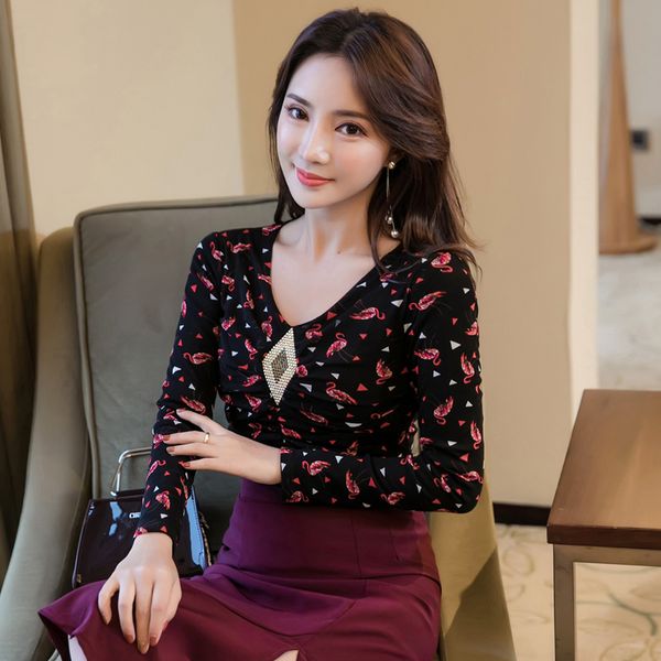 

2019 new slim () blouse shirt black wavelet point flamingos 8030, White