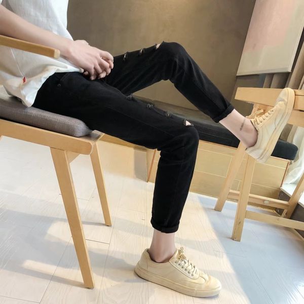 

summer thin section elasticity with holes capri jeans men slim fit pants 9 black pants men's korean-style trend, Blue