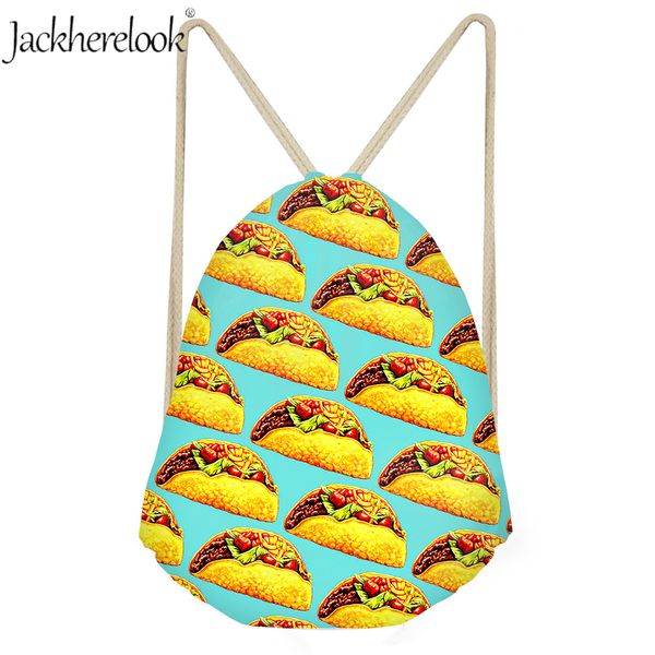 

jackherelook women drawstring backpack tacos funny pattern small shoulder bags school bags kids storage string sack bolsas