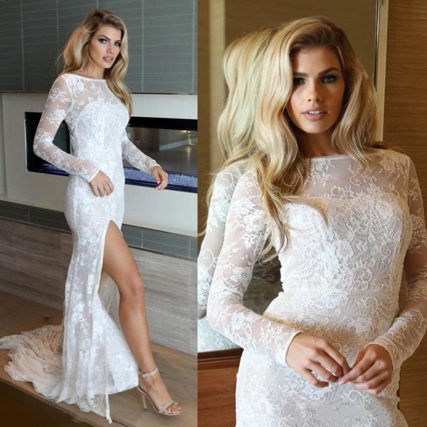 

setwell jewel mermaid wedding dresses long sleeves lace appliques high split floor length bridal gowns, White