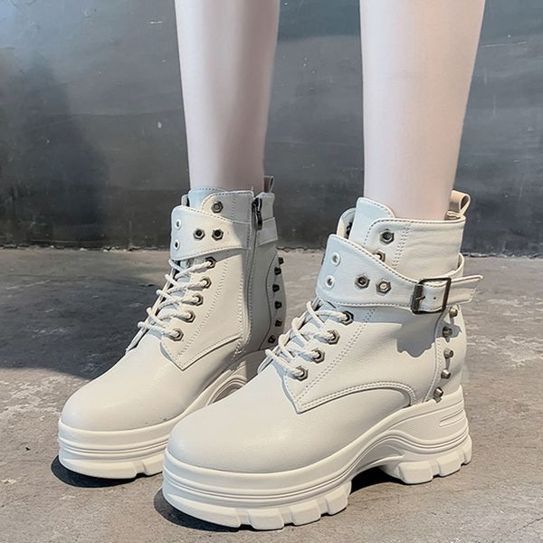 

rimocy autumn winter women's rivet motorcycle boots high platform pu leather ankle boots women height increasing shoes woman, Black