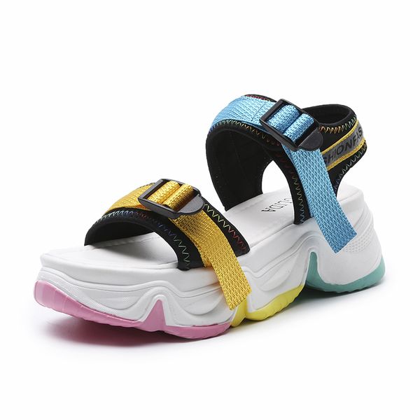 

rainbow sole open toe sport sandals women color buckle casual platform wedge sandals summer beach shoes women 2020 lll, Black