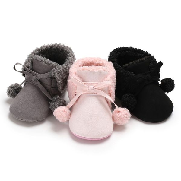 

cute winter soft plush baby booties infant anti slip snow boots warm ball baby girl boy soft sole boots, Black;grey