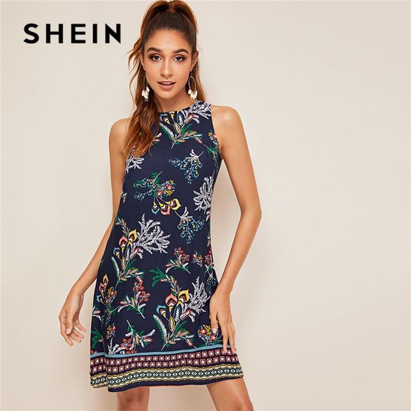 

shein aztec print keyhole back summer dress sleeveless round neck straight women dresses boho floral tank mini dress, Black;gray