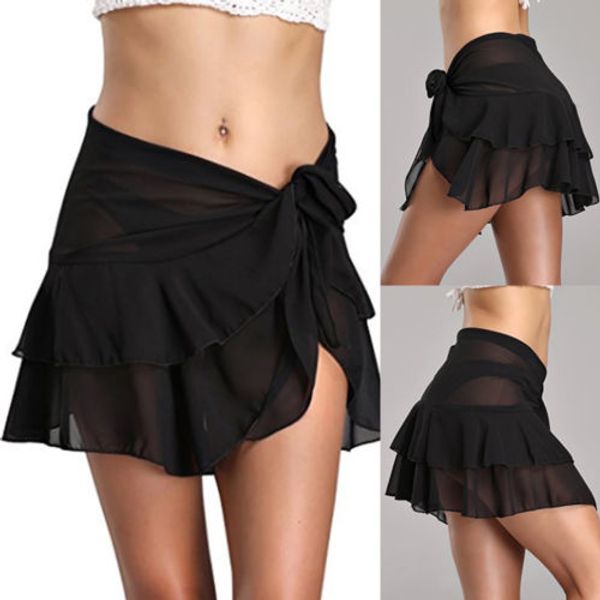 

new women mesh voile mini skirt 2018 summer solid ruffle beach cover up bikini swimwear sarong wrap pareo skirt clubwear, Black