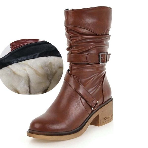 

women fashion snow boots ladies buckle shoes good quality round toe 3 color black brown winter new style mid calf boots
