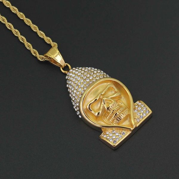 

fashion- hat skull diamonds pendant necklaces for men golden skeleton luxury necklace stainless steel rhinestone cuban chain fashion jewelry, Silver