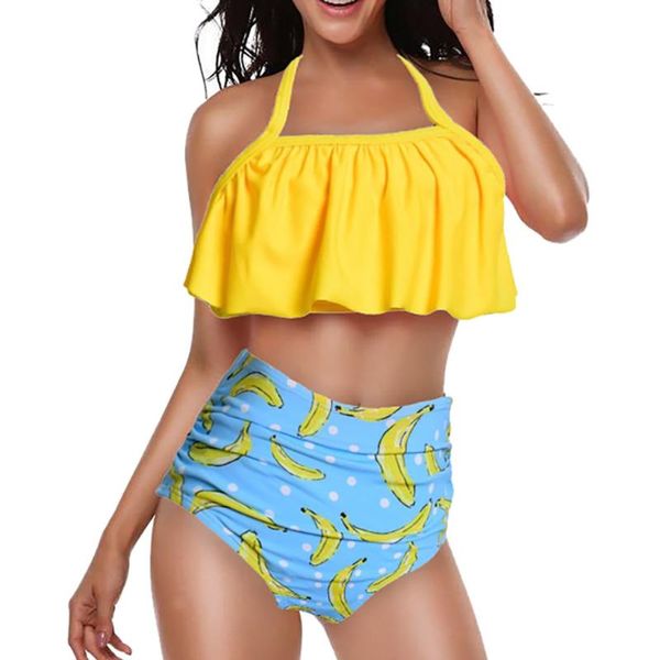 

plus size two piece swimsuits women swimwear high waist swimming suit for women halter ruffle bathing suit maio feminino praia, White;black