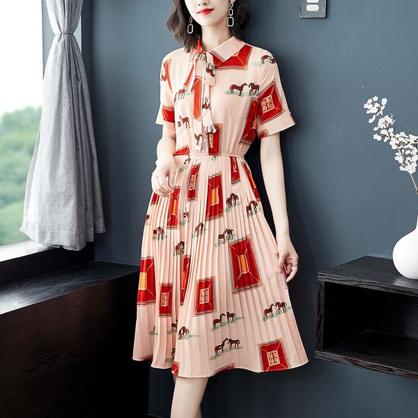 

french retro chiffon platycodon pleated women casual dress short sleeve 2020 summer runway printed elegant ladies ribbon bow shirt dresses, Black;gray