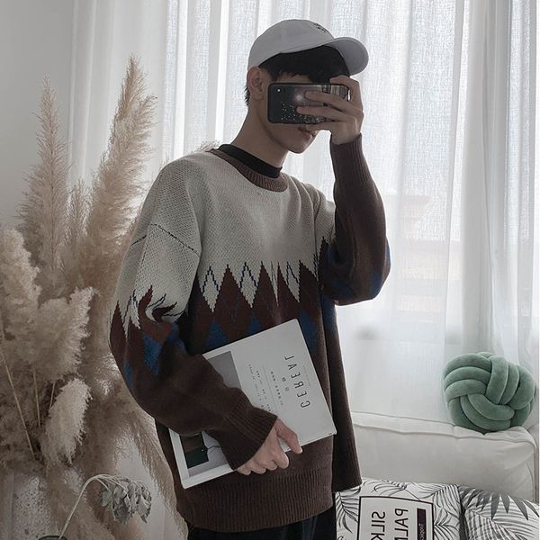 

2019 new fashion college wind japanese geometric spell classic rhombic round neck long sleeve loose knit men's sweater, White;black