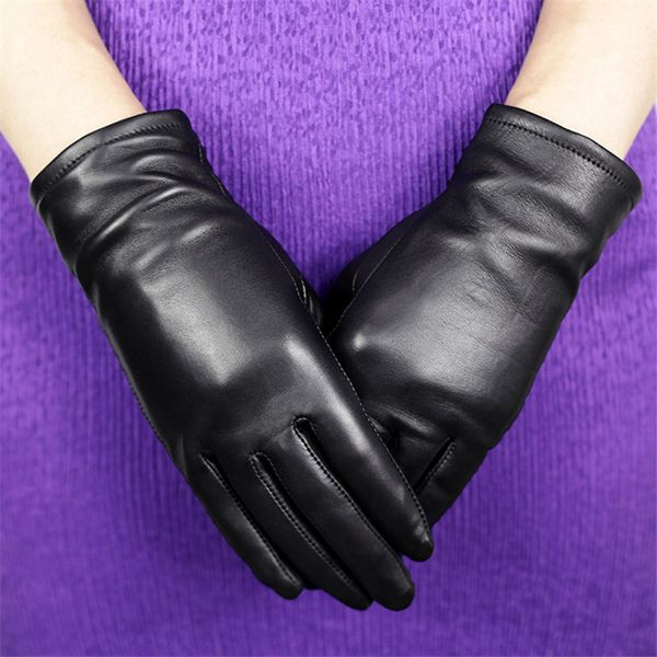 

genuine leather gloves female fashion simple sheepskin gloves plus velvet thicken black basic style woman' dq204, Blue;gray