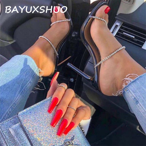 

bayuxshuo women sandals transparent rhinestone stiletto slippers fashion design slides mule ladies party wedding shoes woma, Black