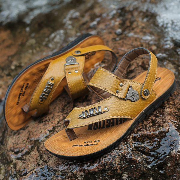 

men shoes2019 new style summer sandals leather boot scholar leather breathable porous shoes slippers, Black