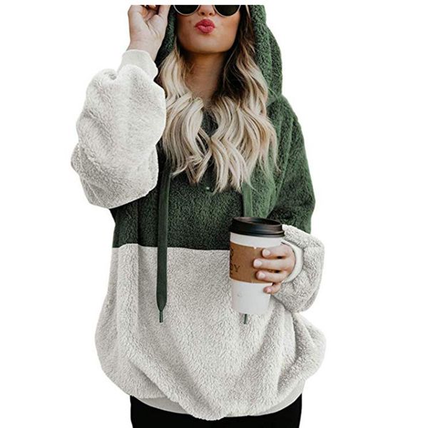 

womens sweater coat with long hooded stitching contrast color street plush sweater long sleeve hooded warm women's clothing, Black