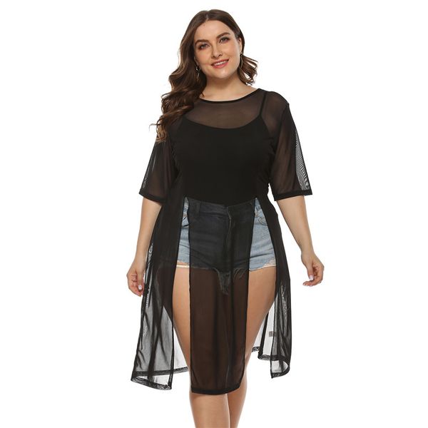 

plus size swimsuit cover up womens lace beachwear black mesh beach dress round neck sleeve bathing suit cover ups dresses