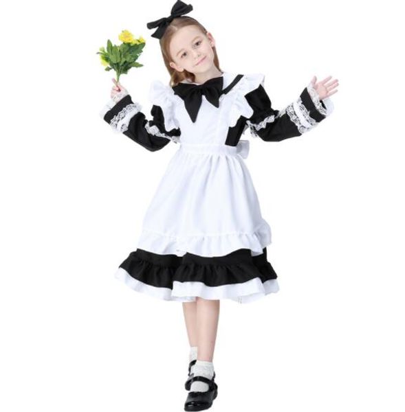 

3 colors kid girl classic blue white apron maid dress kid girl maidservant costume halloween purim cosplay costume a124, Black;red