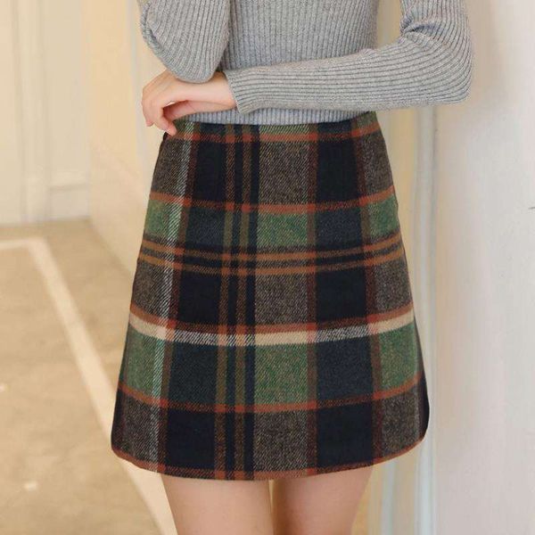 

fashion autumn plaid wool skirt women 2019 winter plus size hight waist a-line mini skirts female hip package faldas mujer saia, Black;gray