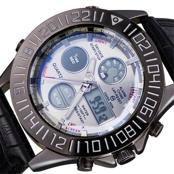 

asj waterproof design chronograph watches men leather band analog-digital wristwatch vintage sport clock relogio masculino, Slivery;brown