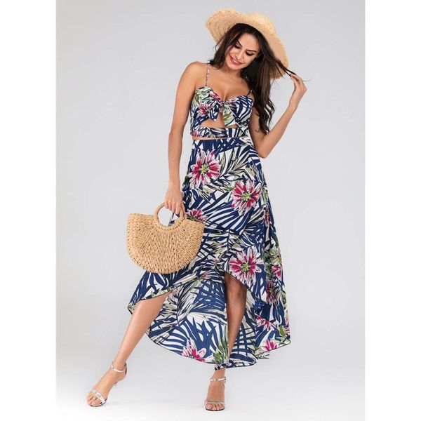 

fashion 2019 summer women boho print set backless crop holiday set spaghetti straps beach midi skirt, White