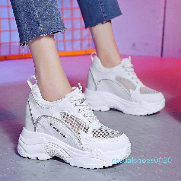 

women platform sneakers mesh breathable casual shoes thick sole running shoes height increasing 9cm chunky sport wedges c20, Black