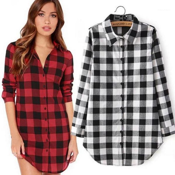 

shirt fashion plaid printed lapel neck long sleeve blouse shirt womens clothing autumn women casual, White