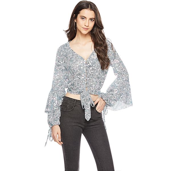 

women's long sleeve v-neck shirt chiffon bohemian printed long sleeve blouse, White