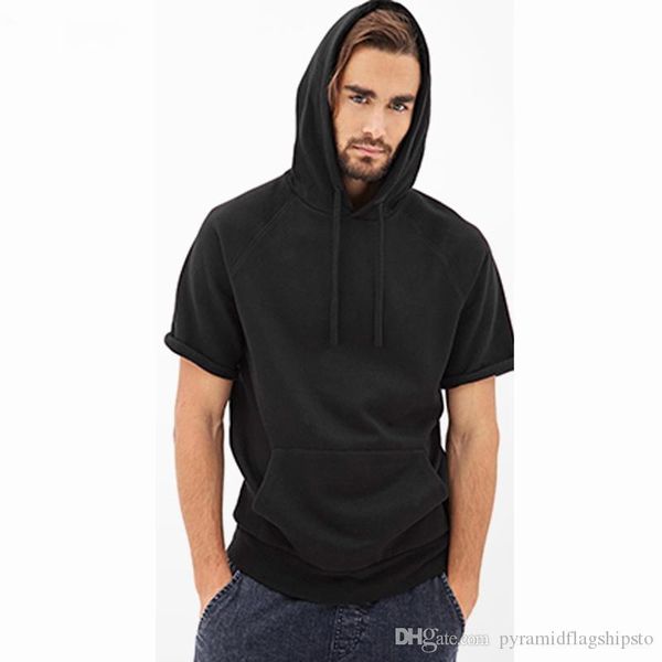 

men short sleeve hoodies solid color hooded pullover fashion hip hop streetwear youth clothing casual sportswear, Black