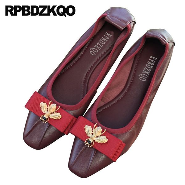 

wing italian metallic party flats bee square toe large size ballerina patent leather red wine bow kawaii soft ballet women dress, Black