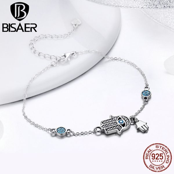 

bisaer 925 sterling silver lucky fatima hand guardian hamsa hand shape women silver bracelets silver jewelry ecb079, Golden;silver