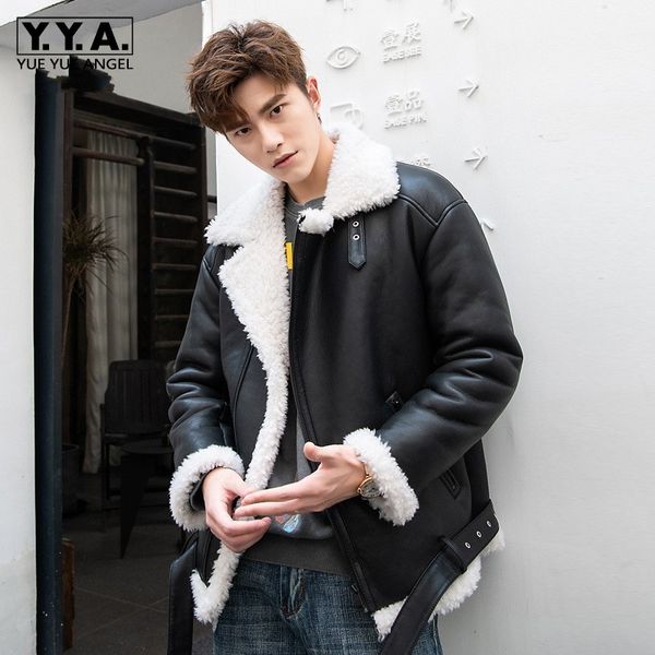 

luxury men motorcycle short genuine leather jacket winter thick warm wool outerwear plus size 5xl fashion loose shearling coat, Black
