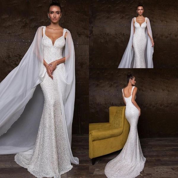 

elegant sparkly sequined mermaid wedding dresses with shawls beaded open back sweep train beach bohemian bridal gown bc2235, White