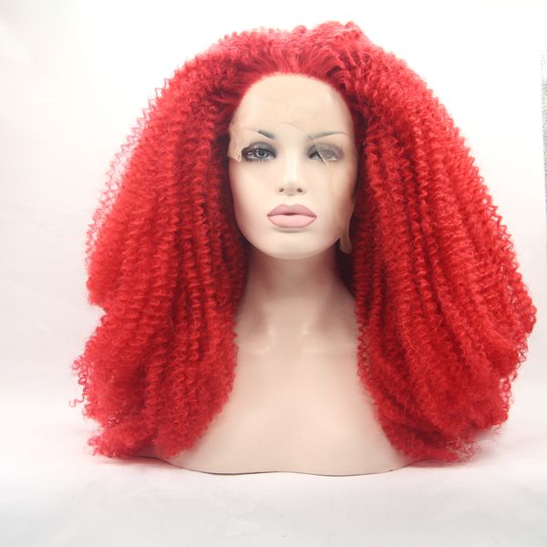 Curto Kinky Curly Lace Frontal Wig Vermelho / Loira / Preto / Castanho Cor de Alta Temperatura Fibra Sintética Renda dianteira Peruca Para As Mulheres Cosplay Party Hair