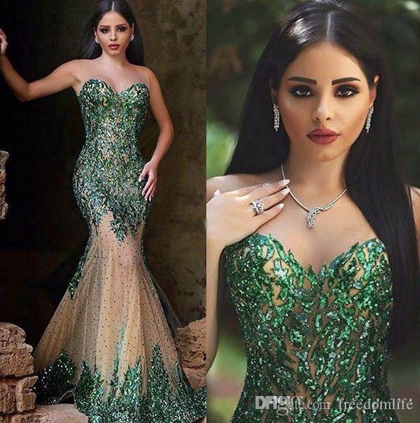 

arabic style emerald green mermaid evening dresses sheer crew neck hand sequins elegant said mhamad long prom gowns party wear, Black;red