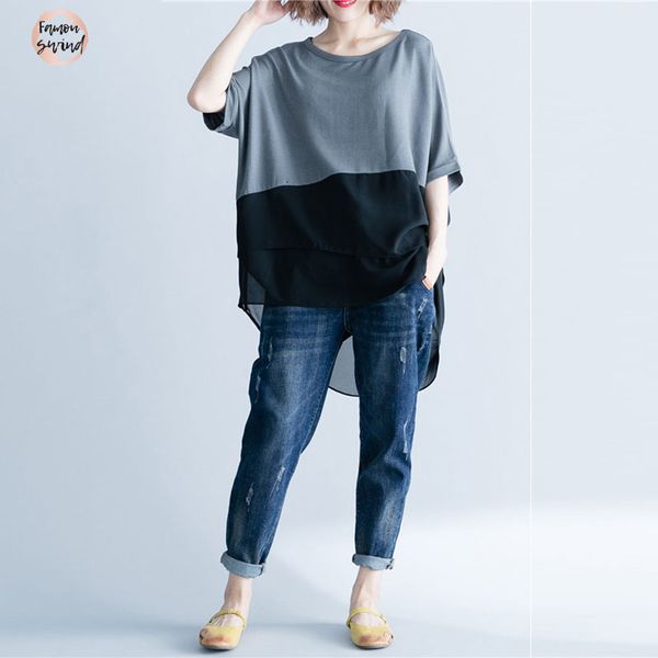 

элегантный women t shirt summer plus размер шифон лоскутная v neck крупногабаритные нерегулярное основные tops женский повседневный сыпучие, White