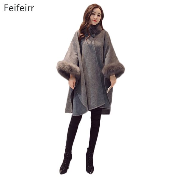 

feifeirr fashion ponchos cloak shawl woolen coat female 2018 autumn winter new british temperament long loose warm blend coat, Black