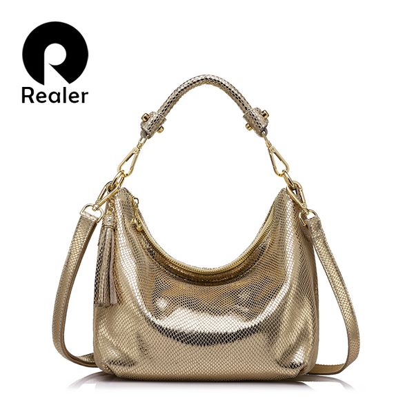 

realer women genuine leather shoulder bag serpentine pattern small handbag casual tote bag lady crossbody gold/silver
