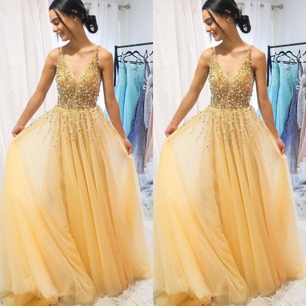 

shining v neck tulle prom party gowns sleeveless floor length a line evening dresses with sequins beading, Black