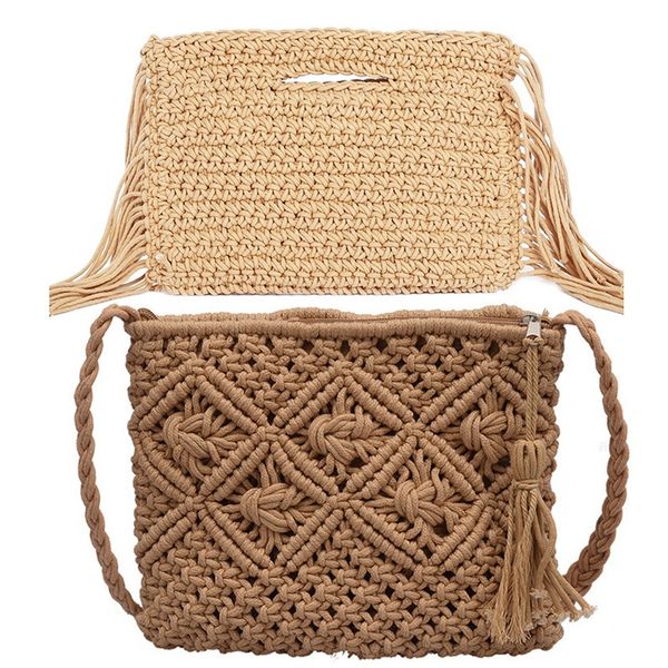 

2pcs tassels hand held handmade cotton rope hollow out woven fringe bag trend women's woven handbag straw bag for ladies brown&k