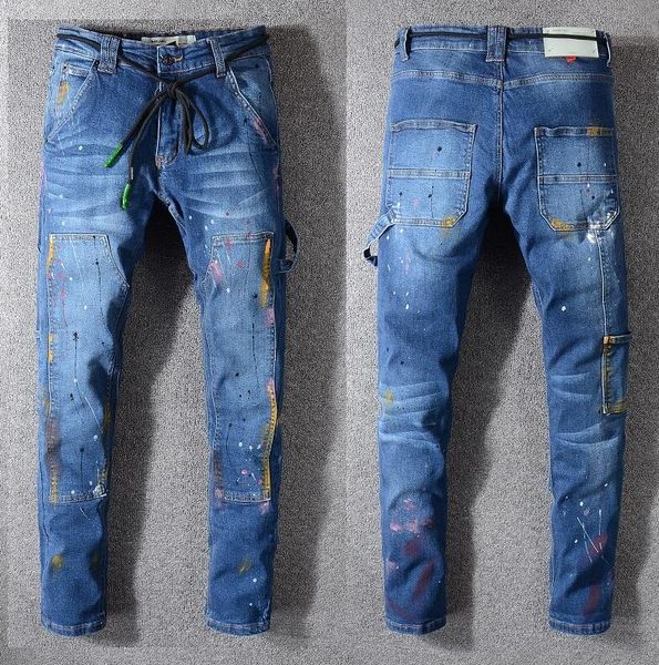 

mens big pocket painted skinny blue jeans designer patchwork slim fit motorcycle biker hip hop denim pants 139