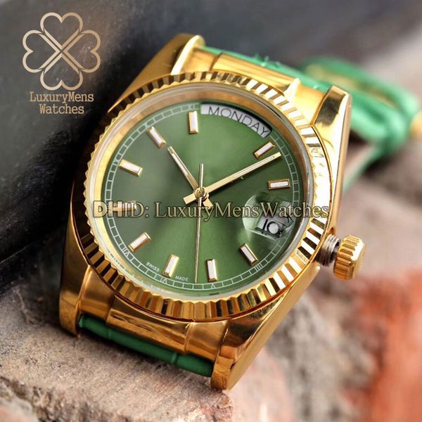 

day-date luxury mens women watches 118138-l 18k gold 316l stainless steel case green leather strap mechancial automatic day date mens watch, Slivery;brown