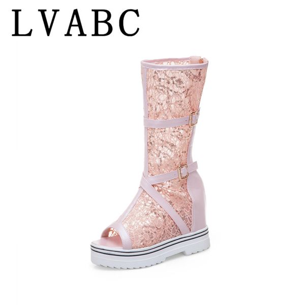 

summer mesh breathable boots women gladiator sandals hidden high heels lace up rome shoes female white pink black size 34-43