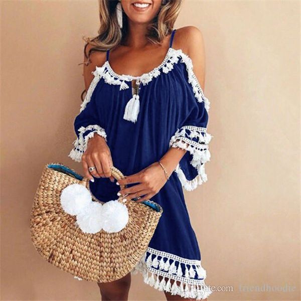

designer summer dresses spaghetti strap panelled tassel dress backless loose sundress female lace print clothing, Black;gray