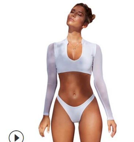 

women's swimwear long sleeve u-neck net yarn low waist women's two-piece swimsuit, White;black