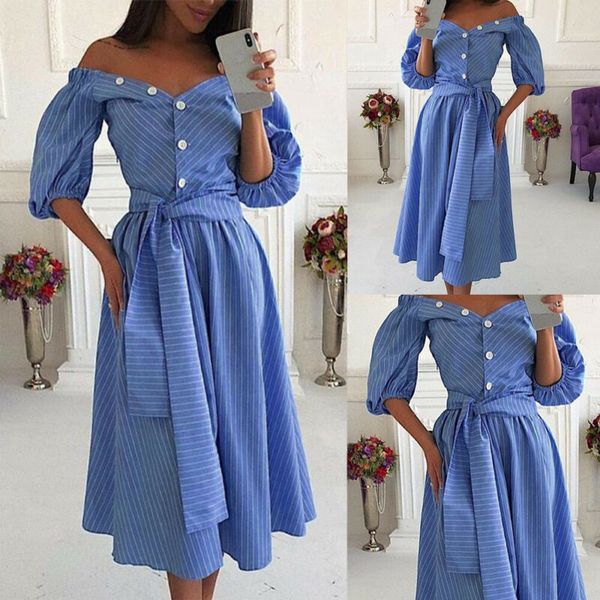 

элегантная дама женщин с плеча лето новый синий полосатый кнопки прострочкой повседневный рукав три четверти midi платье vestidos, Black;gray