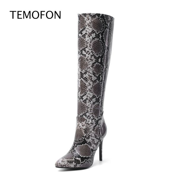 

over the knee boots women snakeskin pointed toe thigh high heels long boots plus size fashion winter shoes bottine femme hvt431, Black