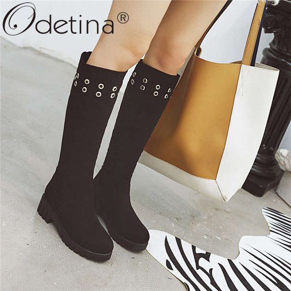 

odetina new fashion women slip on chunky low heel platform knee high boots casual round toe autumn shoes with studded plus size, Black